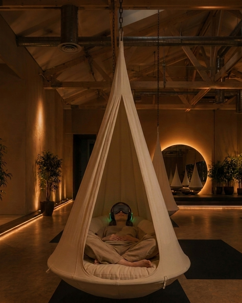 A guest resting inside a hanging pod with eyemask and headphones
